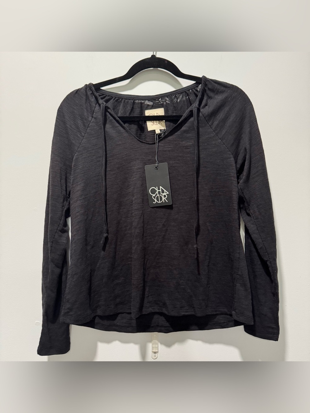 Chaser Charcoal Long Sleeve Tie-Neck Top | New with Tag